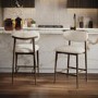 Set of 2 Walnut and Beige Upholstered Curved Kitchen Stools with Solid Wood Open Back - Kori