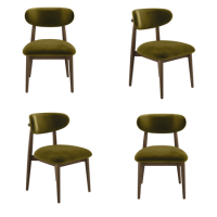 Set of 4 Walnut and Olive Green Velvet Curved Dining Chairs with Solid Wood Open Back - Kori