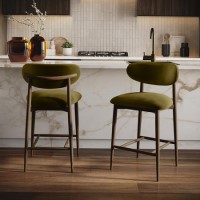 Set of 2 Walnut and Olive Green Velvet Curved Kitchen Stools with Solid Wood Open Back - Kori