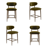 Set of 4 Walnut and Olive Green Velvet Curved Kitchen Stools with Solid Wood Open Back - Kori