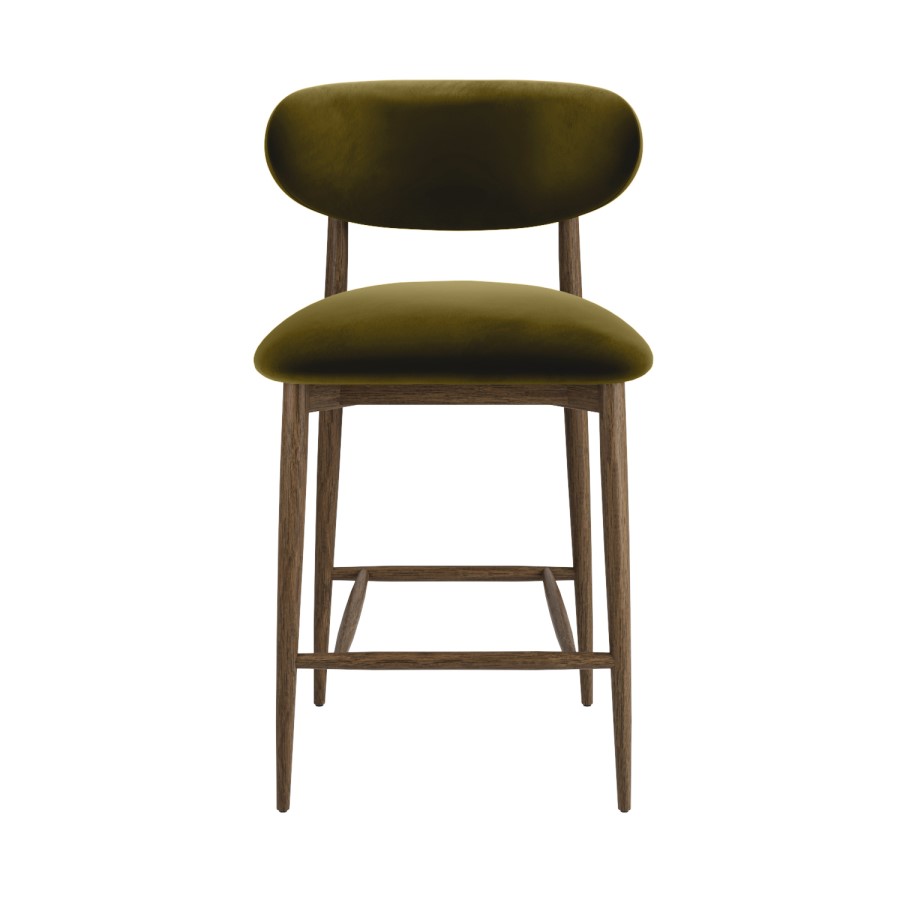 Walnut and Olive Green Velvet Curved Kitchen Stool with Solid Wood Open Back - Kori