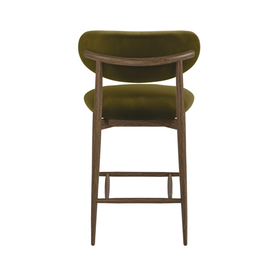 Walnut and Olive Green Velvet Curved Kitchen Stool with Solid Wood Open Back - Kori