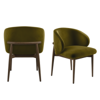 Set of 2 Walnut and Olive Green Velvet Curved Dining Chairs with Solid Wood Exposed Back - Kori