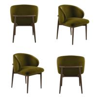 Set of 4 Walnut and Olive Green Velvet Curved Dining Chairs with Solid Wood Exposed Back - Kori