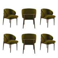 Set of 6 Walnut and Olive Green Velvet Curved Dining Chairs with Solid Wood Exposed Back - Kori