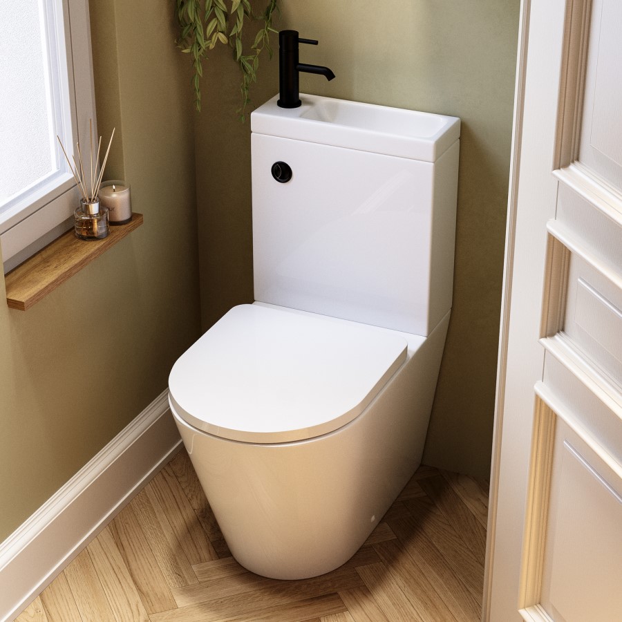 Close Coupled Closed Back Toilet with Sink on Top & Black Fittings - Legend