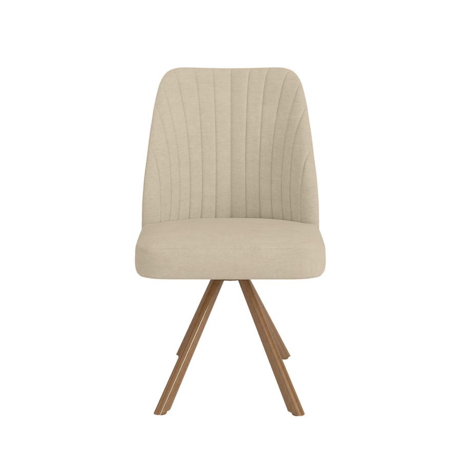 Set of 4 Beige Upholstered Swivel Dining Chairs with Walnut Effect Legs - Logan