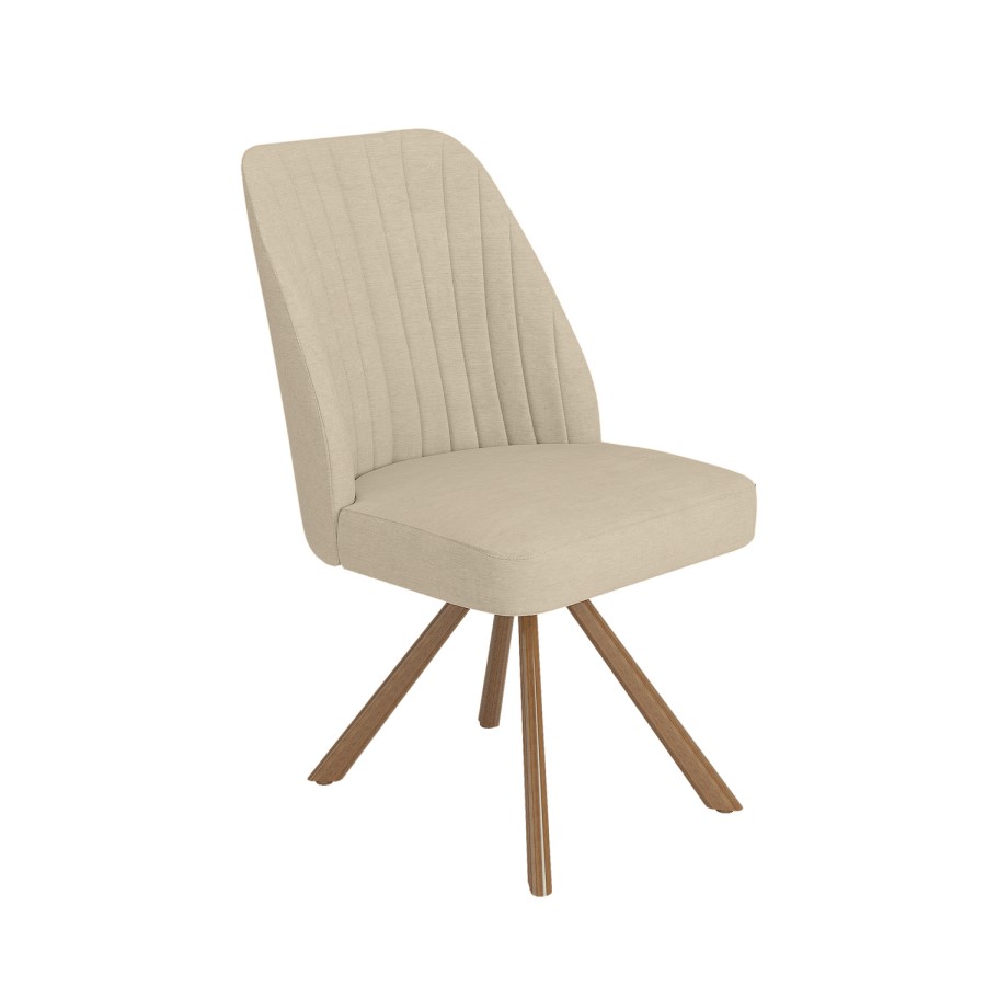 Set of 4 Beige Upholstered Swivel Dining Chairs with Walnut Effect Legs - Logan