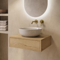 600mm Oak Wood Effect Wall Hung Countertop Vanity Unit with Round Basin - Lugo
