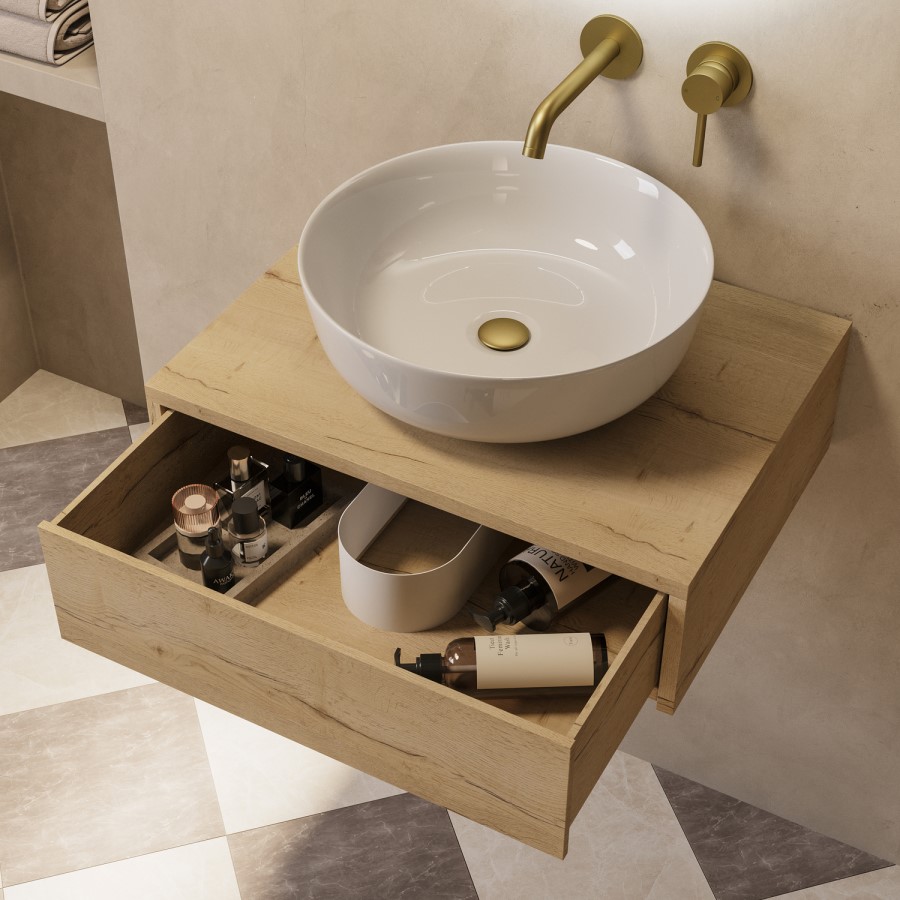 600mm Oak Wood Effect Wall Hung Countertop Vanity Unit with Round Basin - Lugo