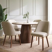 Neutral Ceramic Round Walnut Dining Table Set with 4 Beige Upholstered Chairs - Seats 4 - Malia