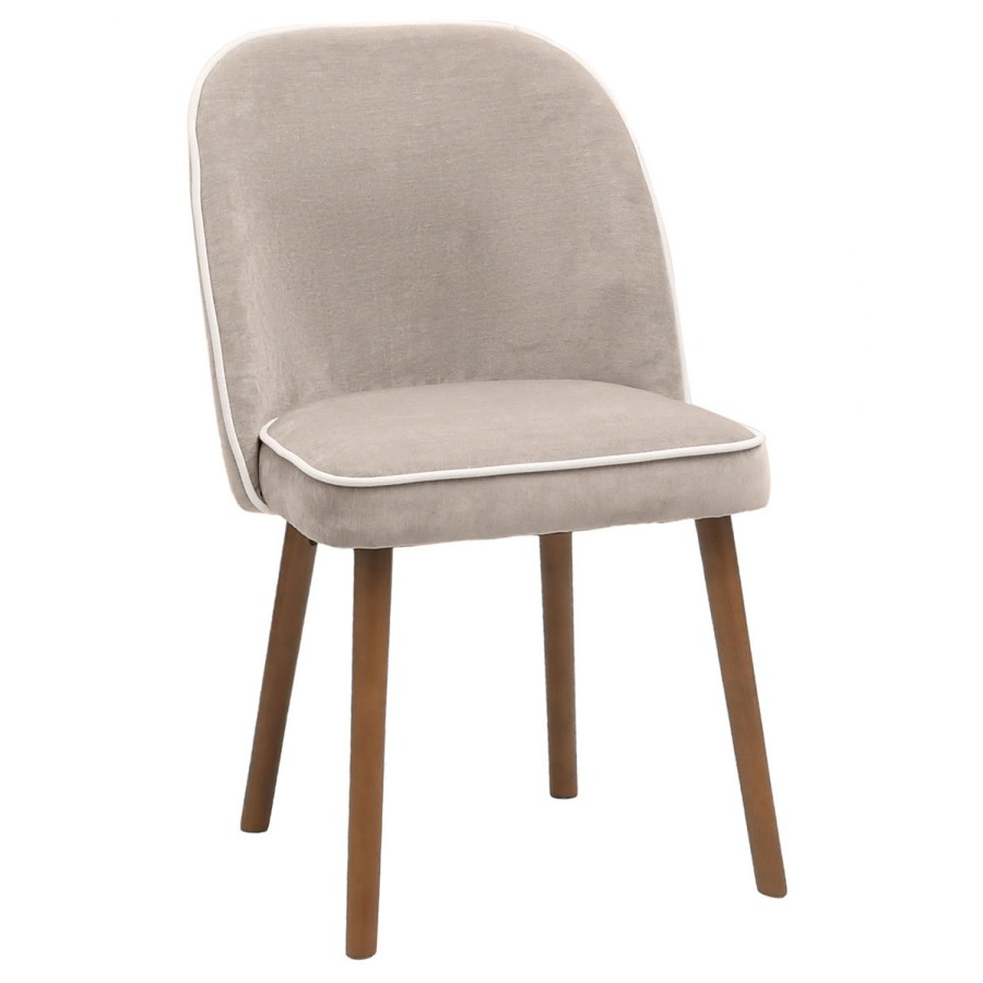 Neutral Ceramic Round Walnut Dining Table Set with 4 Beige Upholstered Chairs - Seats 4 - Malia