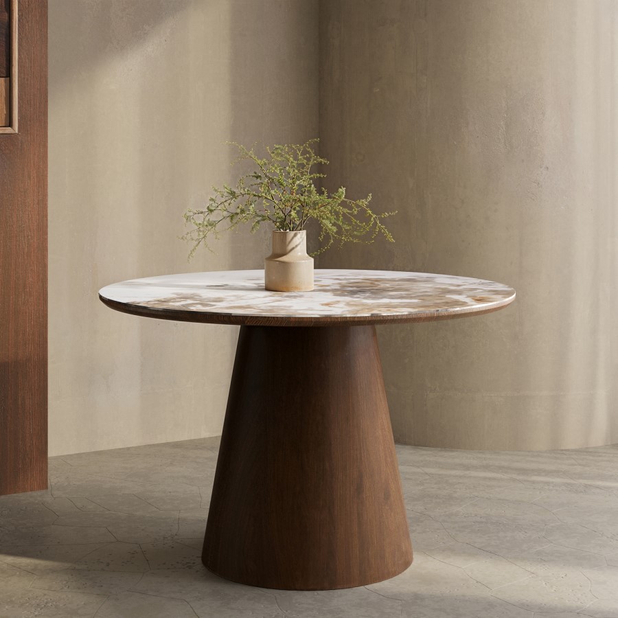 Round Walnut and Marble Effect Pedestal Dining Table - Seats 4 - Malia