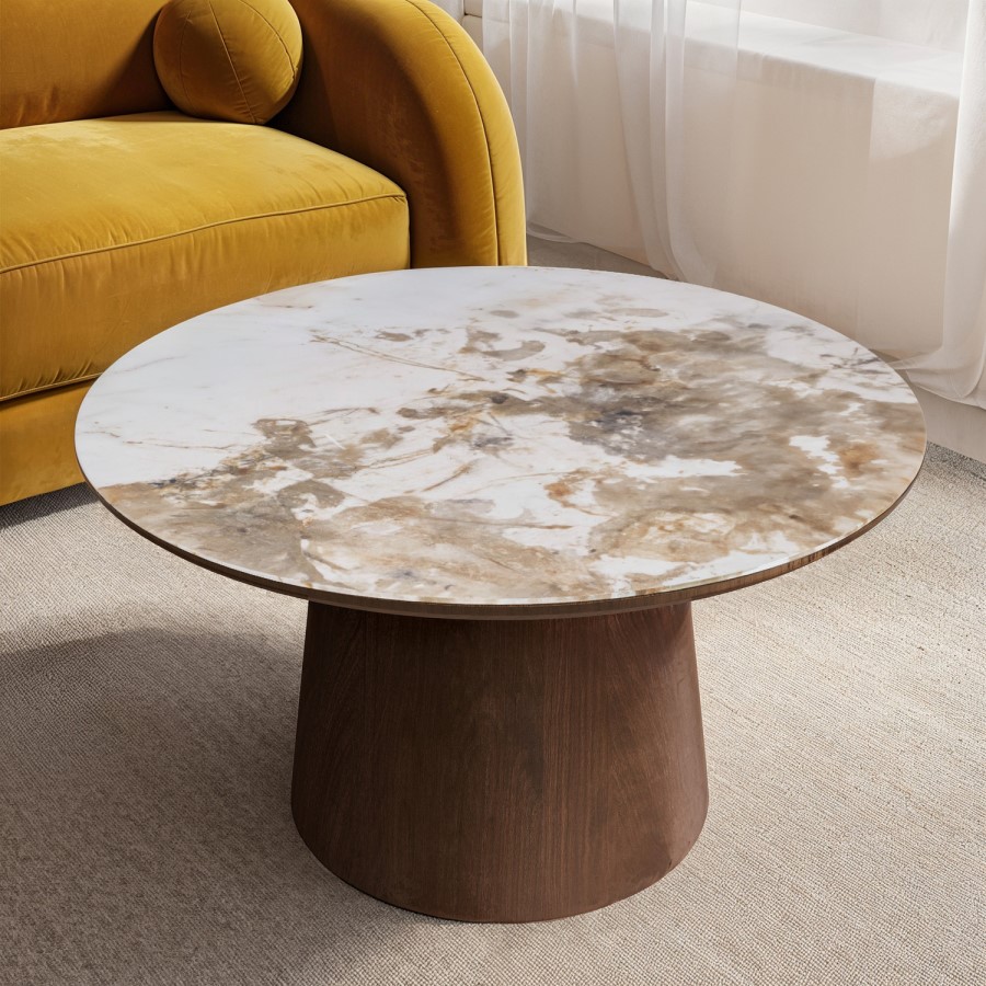 Round Walnut and Neutral Marble Effect Nest of 2 Tables - Malia
