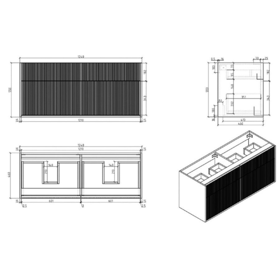1250mm Walnut Wood Effect Fluted Wall Hung Double Countertop Vanity Unit – Matira