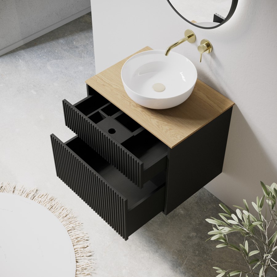 650mm Black Wooden Fluted Wall Hung Countertop Vanity Unit with Basin and Wood Effect Worktop - Matira