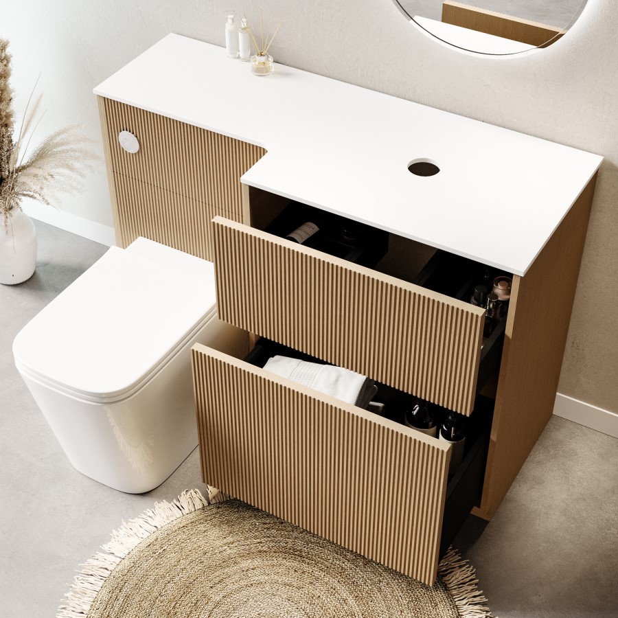 1150mm Wooden Fluted Right Hand Toilet and Sink Unit with Square Toilet and Chrome Fittings - Matira