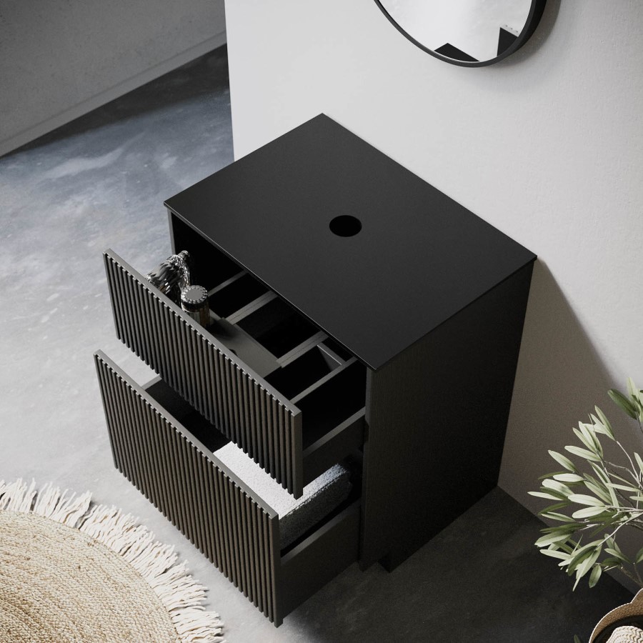 650mm Black Wooden Fluted Freestanding Countertop Vanity Unit - Matira