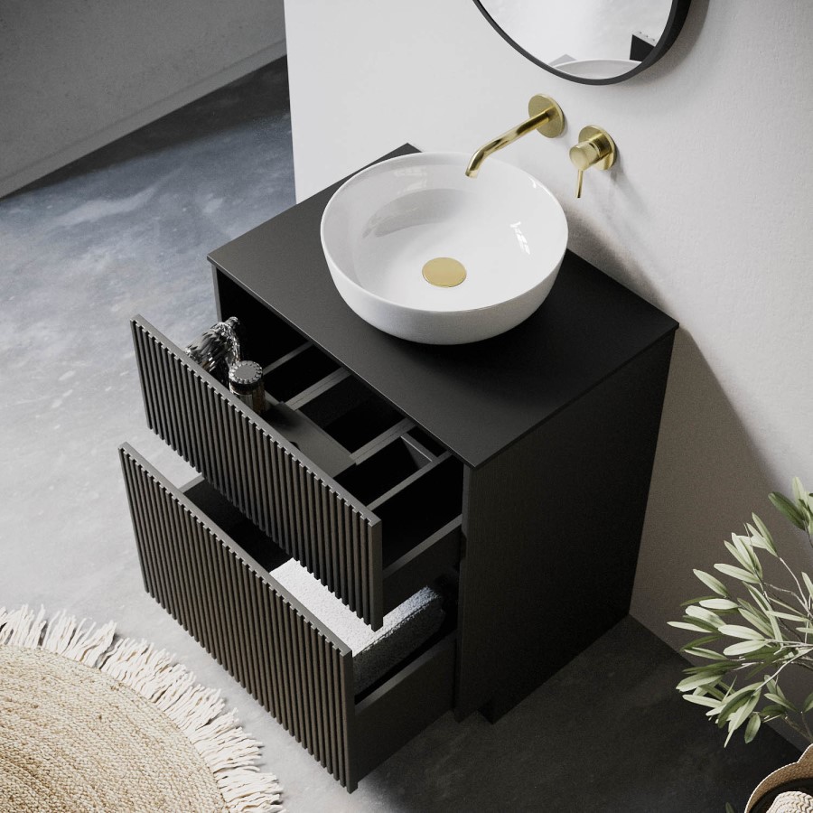 650mm Black Wooden Fluted Freestanding Countertop Vanity Unit with Basin - Matira