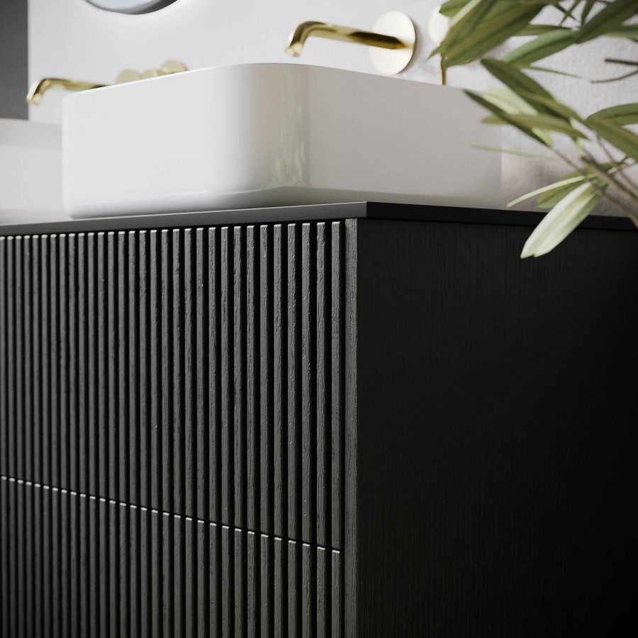 650mm Black Wooden Fluted Freestanding Countertop Vanity Unit with Basin - Matira