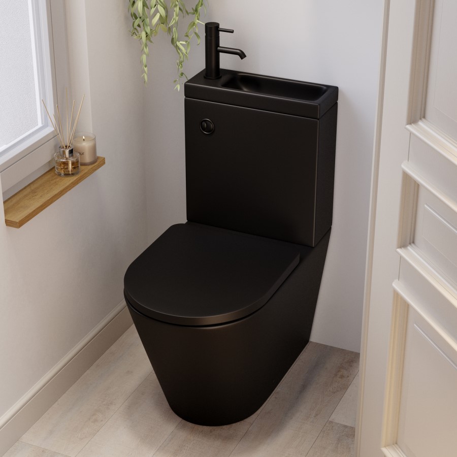 Matt Black Close Coupled Closed Back Toilet with Sink on Top & Black Fittings Cloakroom Suite - Legend