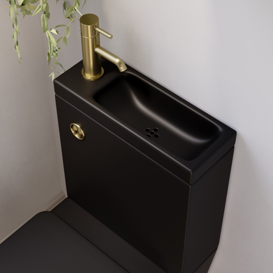Matt Black Close Coupled Closed Back Toilet with Sink on Top & Brass Fittings Cloakroom Suite - Legend