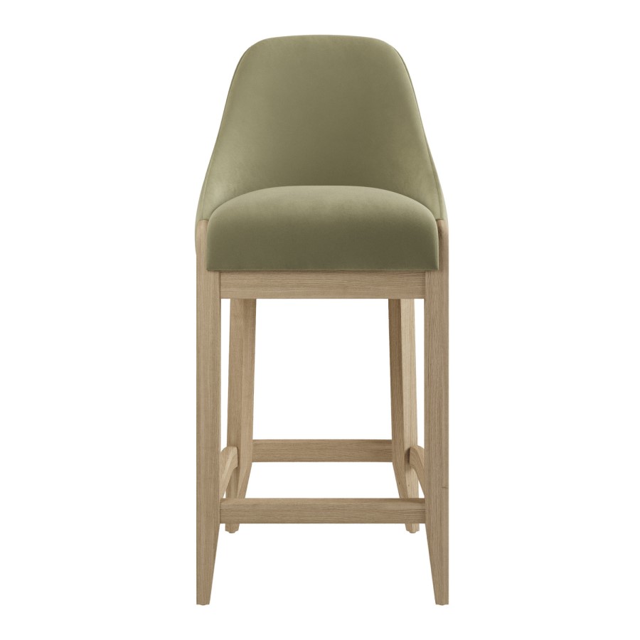 Sage Green Velvet Kitchen Stool with Solid Wood Legs - Madeline