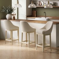 Set of 3 Beige Upholstered Kitchen Stools with Solid Wood Legs - Madeline