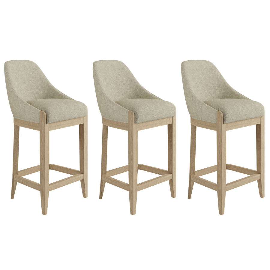 Set of 3 Beige Upholstered Kitchen Stools with Solid Wood Legs - Madeline