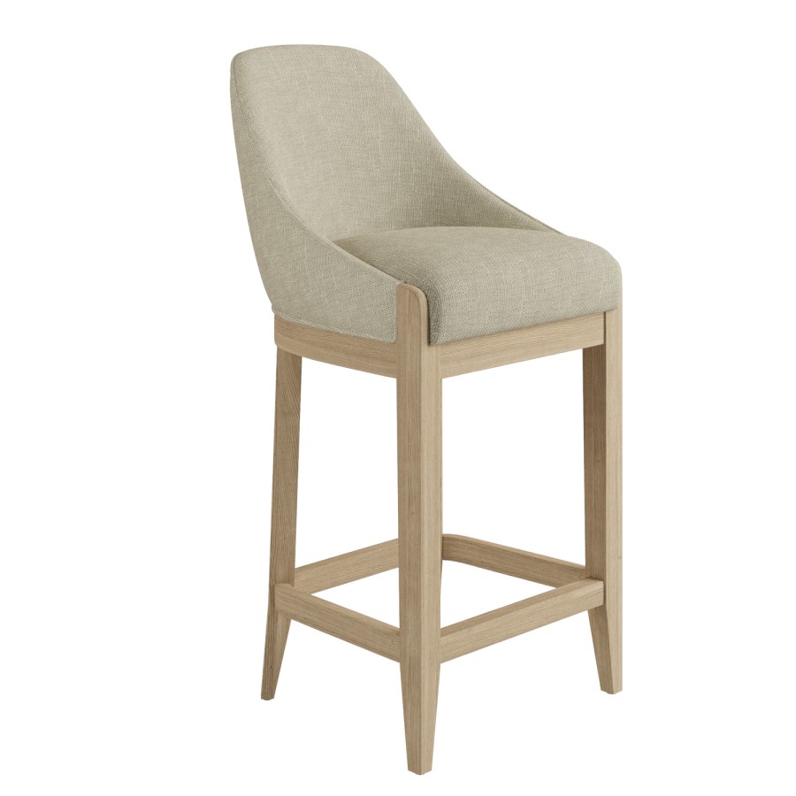 Set of 2 Beige Upholstered Kitchen Stools with Solid Wood Legs - Madeline