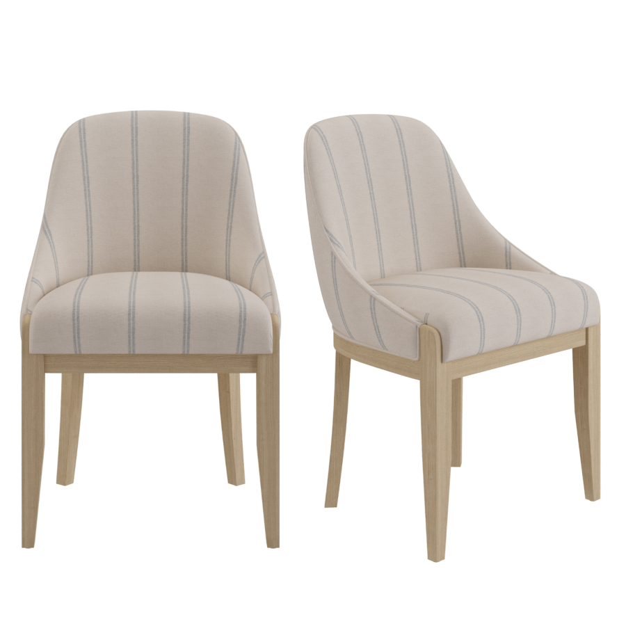 Set of 2 Beige and Blue Striped Upholstered Dining Chairs with Solid Wood Legs - Madeline