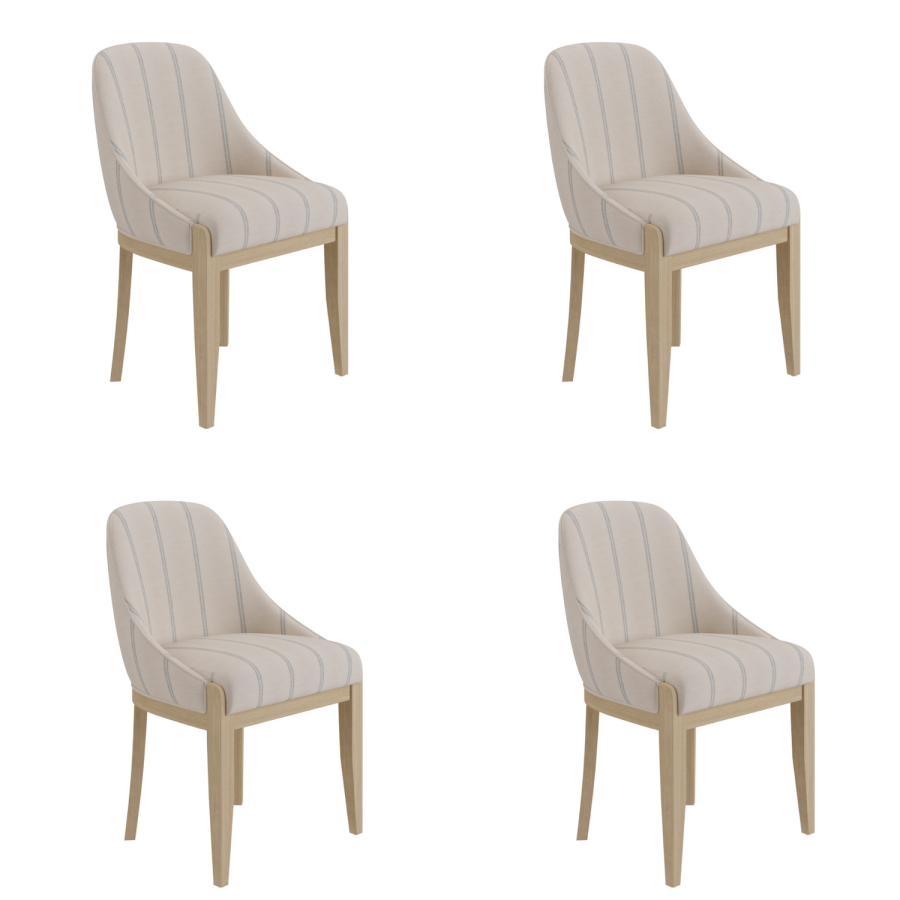 Set of 4 Beige and Blue Striped Upholstered Dining Chairs with Solid Wood Legs - Madeline