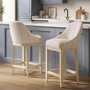 Set of 2 Beige and Blue Striped Upholstered Kitchen Stools with Solid Wood Legs - Madeline
