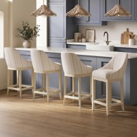 Set of 4 Beige and Blue Striped Upholstered Kitchen Stools with Solid Wood Legs - Madeline