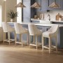 Set of 4 Beige and Blue Striped Upholstered Kitchen Stools with Solid Wood Legs - Madeline