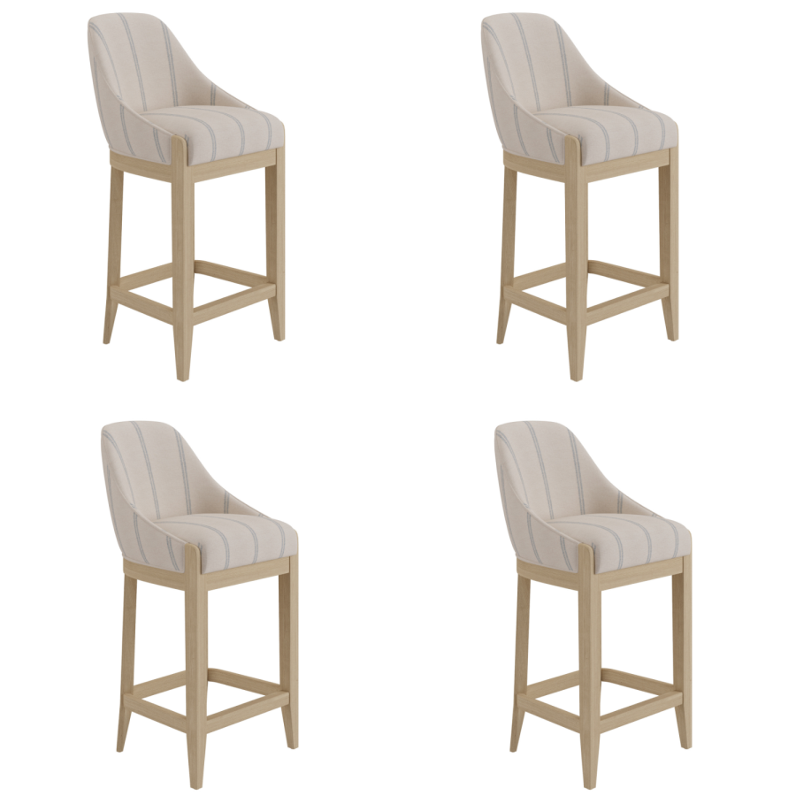 Set of 4 Beige and Blue Striped Upholstered Kitchen Stools with Solid Wood Legs - Madeline