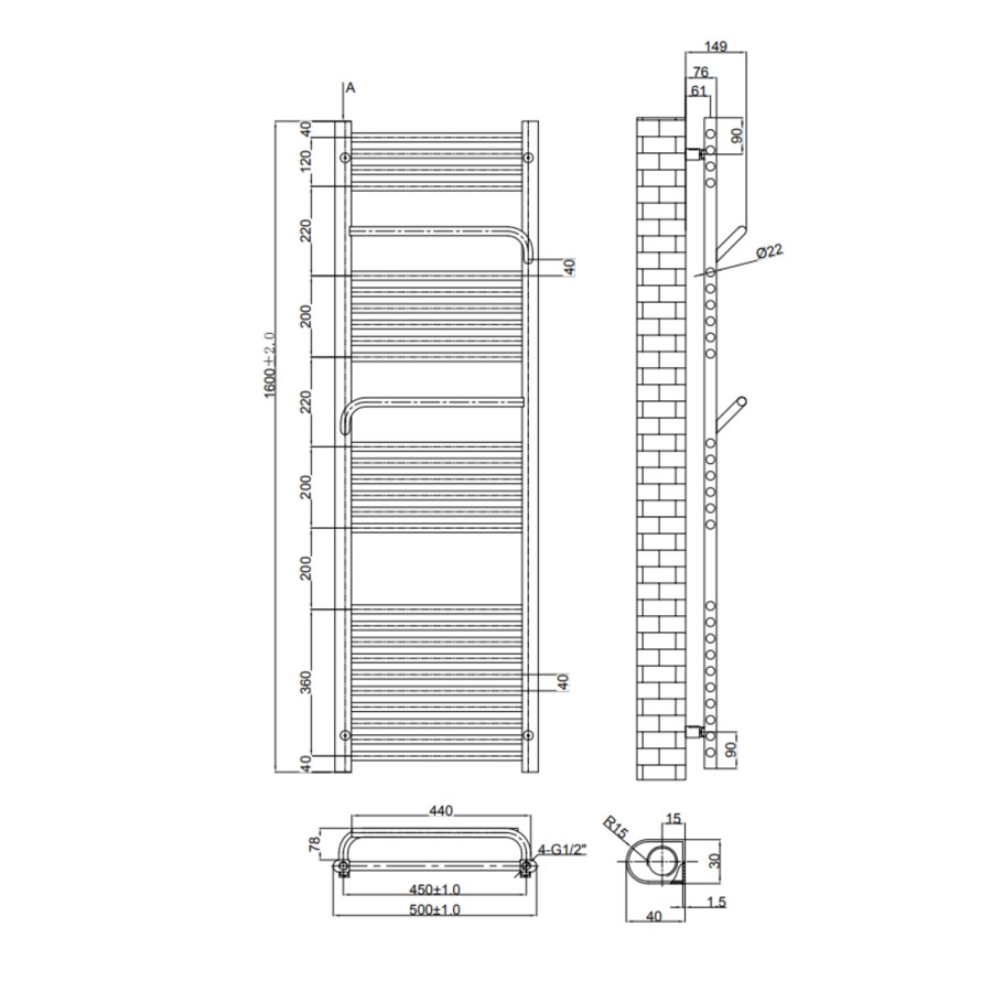 Black Towel Radiator 1600 x 500mm - Nazco