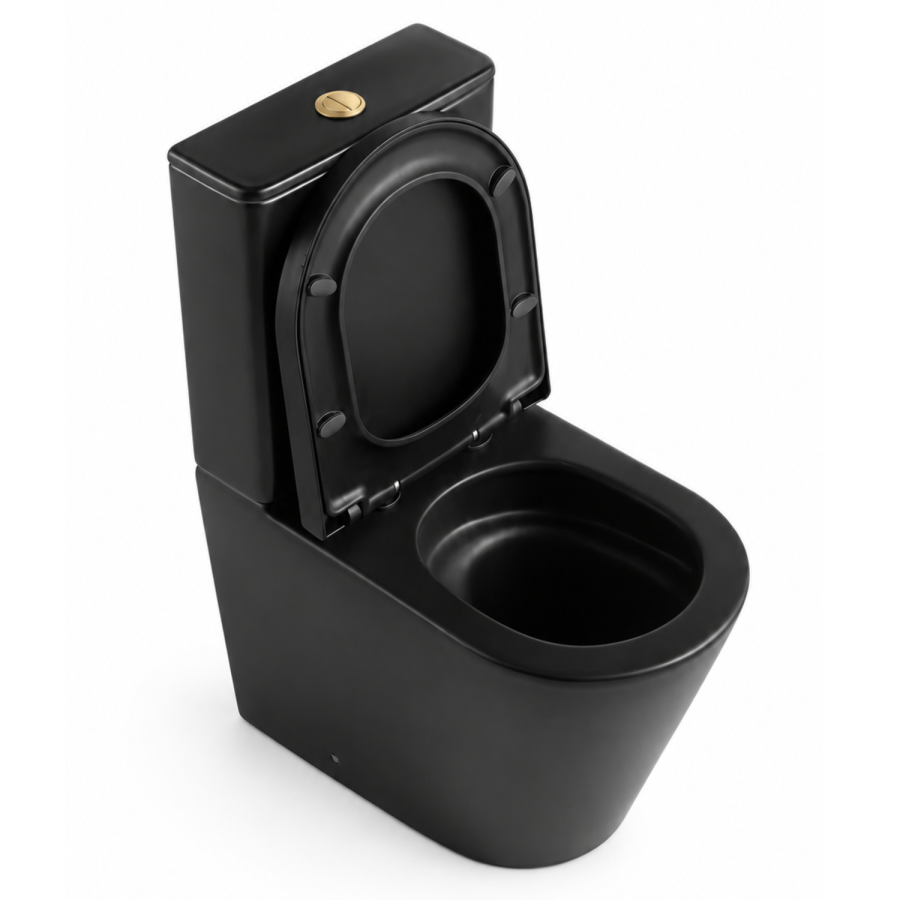 Matt Black Close Coupled Rimless Closed Back Short Projection Toilet with Brushed Brass Button and Tornado Flush - Newport