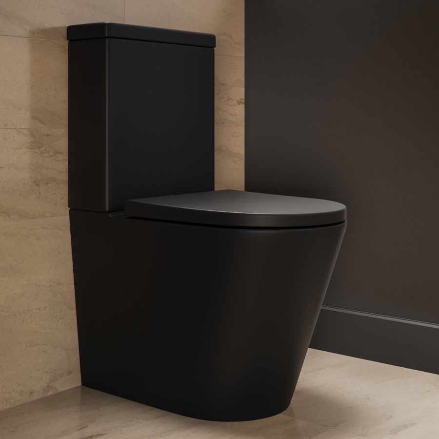 Matt Black Close Coupled Rimless Closed Back Short Projection Toilet with Chrome Button and Tornado Flush - Newport
