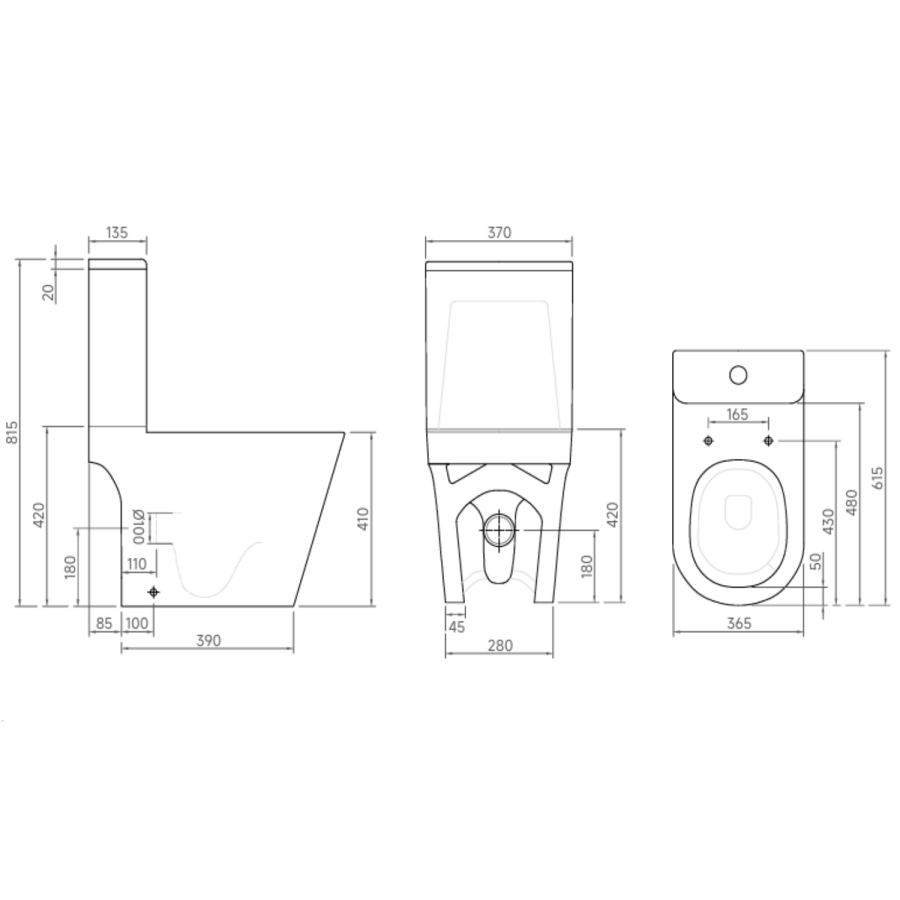Close Coupled Rimless Open Back Short Projection Toilet with Black Button and Tornado Flush - Newport