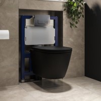Matt Black Wall Hung Rimless Toilet with Soft Close Seat, Chrome Pneumatic Flush Plate, 820mm Frame & Cistern – Newport