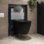 Matt Black Wall Hung Rimless Toilet with Soft Close Seat, Chrome Pneumatic Flush Plate, 820mm Frame & Cistern – Newport