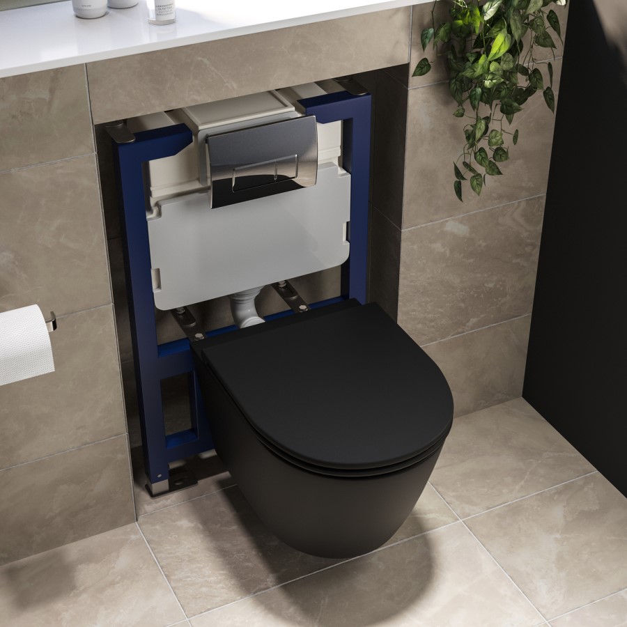 Matt Black Wall Hung Rimless Toilet with Soft Close Seat, Chrome Pneumatic Flush Plate, 820mm Frame & Cistern – Newport