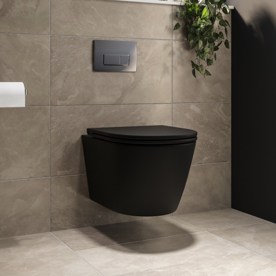 Matt Black Wall Hung Rimless Toilet with Soft Close Seat, Chrome Pneumatic Flush Plate, 820mm Frame & Cistern – Newport
