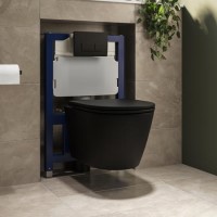 Matt Black Wall Hung Rimless Toilet with Soft Close Seat, Matt Black Pneumatic Flush Plate, 820mm Frame & Cistern – Newport