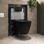 Matt Black Wall Hung Rimless Toilet with Soft Close Seat, Matt Black Pneumatic Flush Plate, 820mm Frame & Cistern – Newport