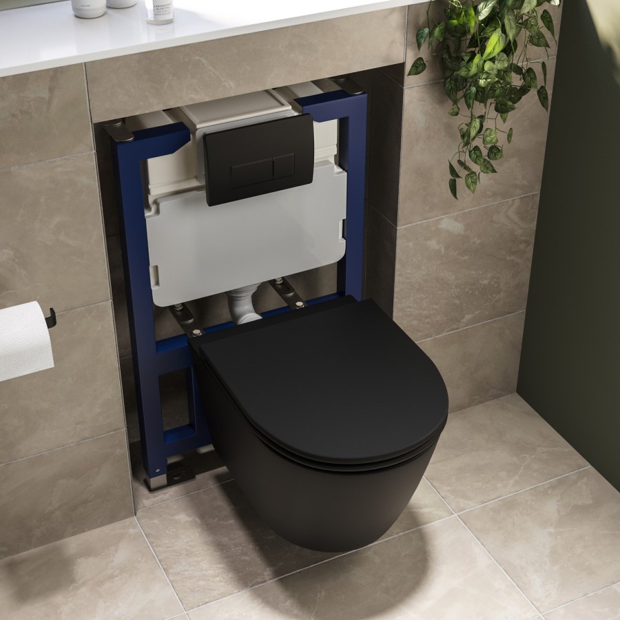 Matt Black Wall Hung Rimless Toilet with Soft Close Seat, Matt Black Pneumatic Flush Plate, 820mm Frame & Cistern – Newport