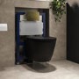 Matt Black Wall Hung Rimless Toilet with Soft Close Seat, Brushed Brass Pneumatic Flush Plate, 820mm Frame & Cistern – Newport