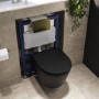 Matt Black Wall Hung Rimless Toilet with Soft Close Seat, Brushed Brass Pneumatic Flush Plate, 820mm Frame & Cistern – Newport