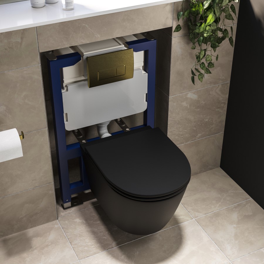 Matt Black Wall Hung Rimless Toilet with Soft Close Seat, Brushed Brass Pneumatic Flush Plate, 820mm Frame & Cistern – Newport